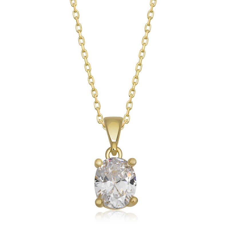 925 Ayar Gümüş Gold Oval Zirkon Taşlı Kadın Gümüş Kolye