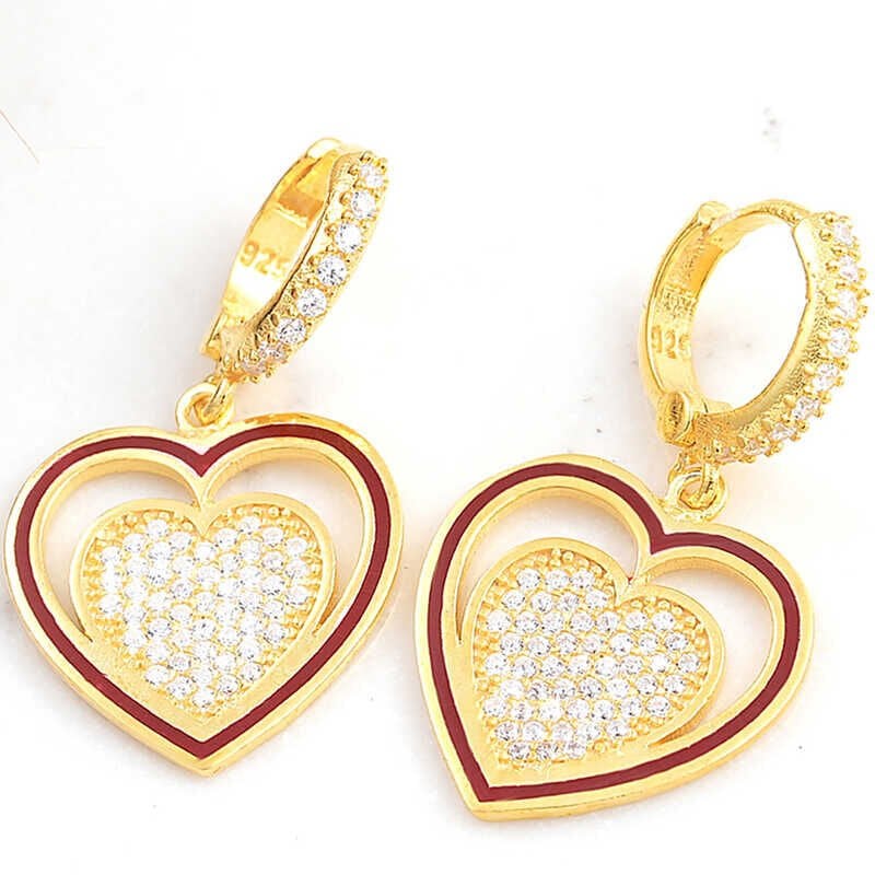 Gümüş Gold Sallantılı Kalp Kadın Küpe