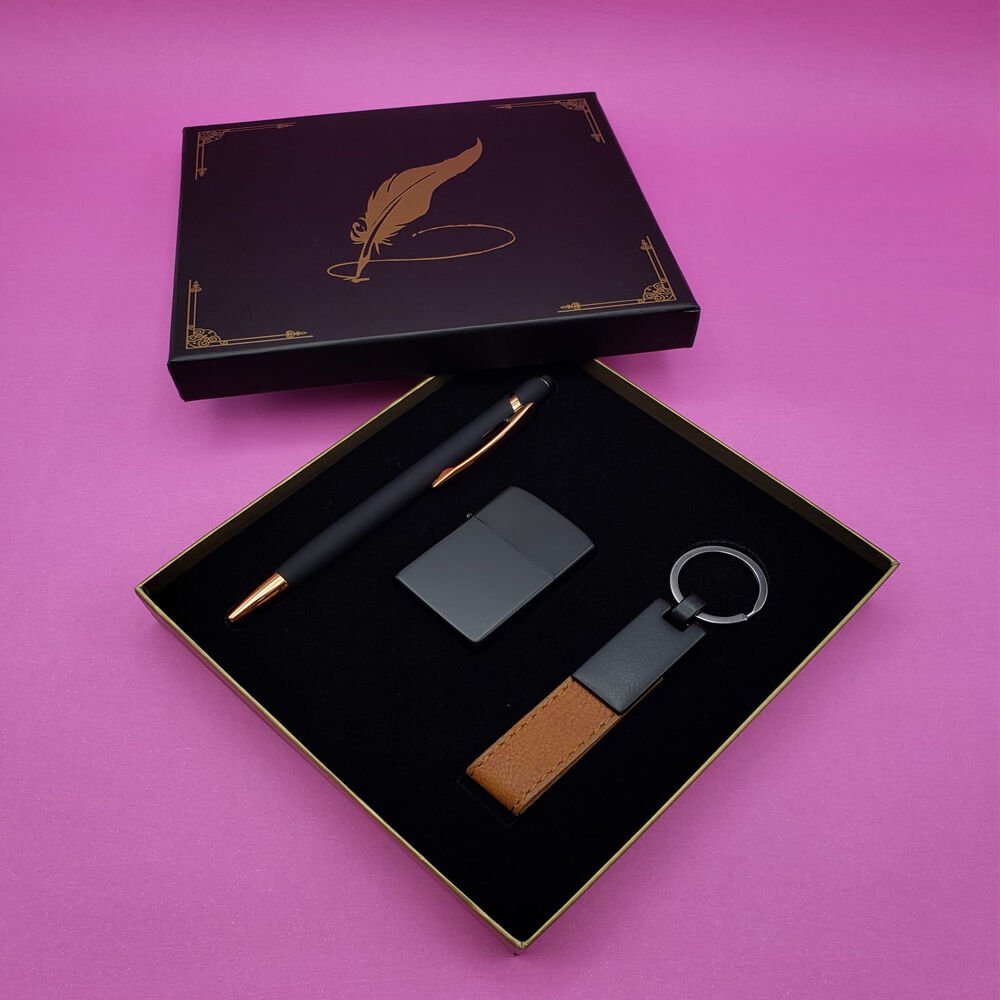 Siyah Rubber Kalem Çakmak ve Anahtarlık Set