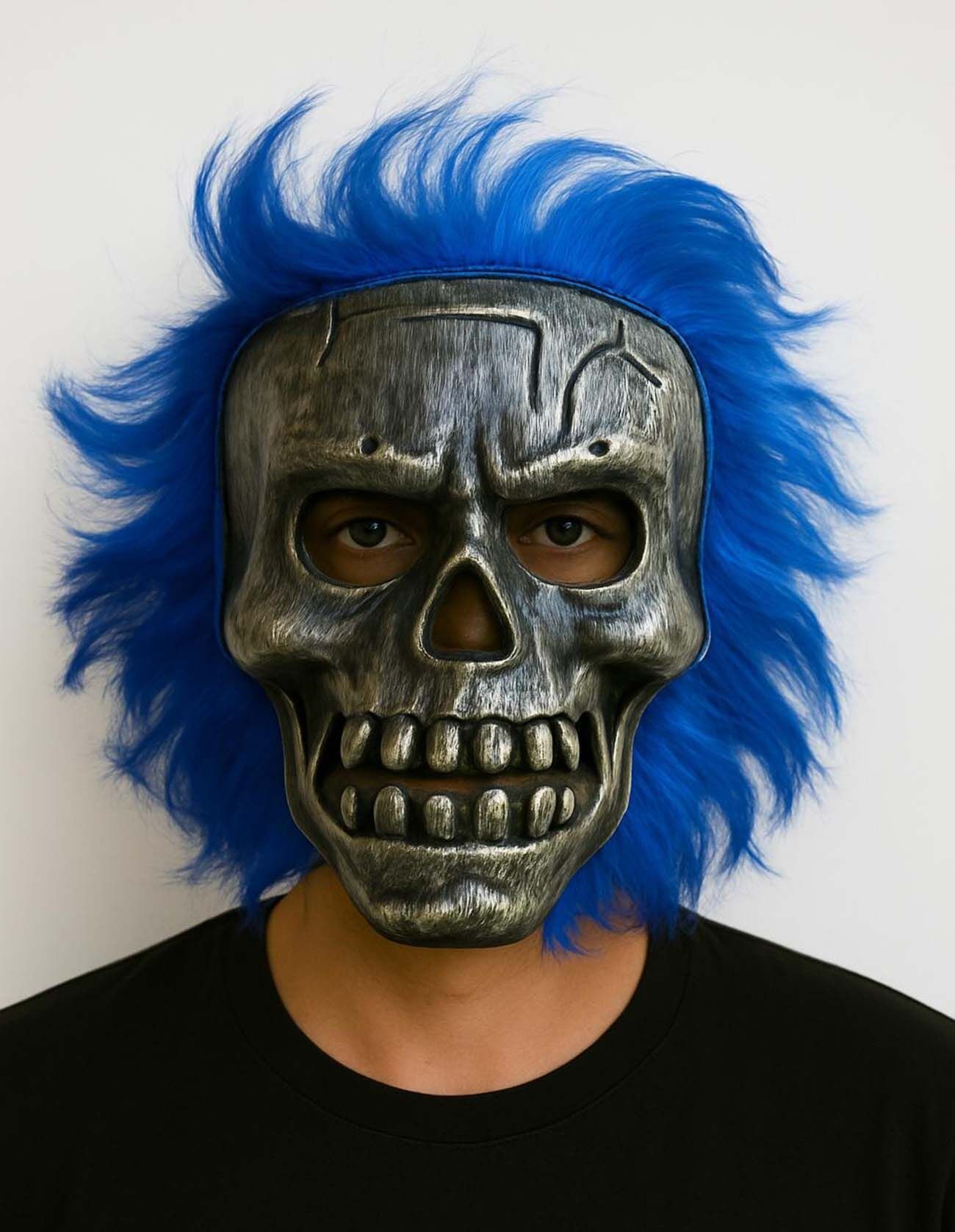 Gümüş Kafatası Mavi Saçlı İskelet Maske