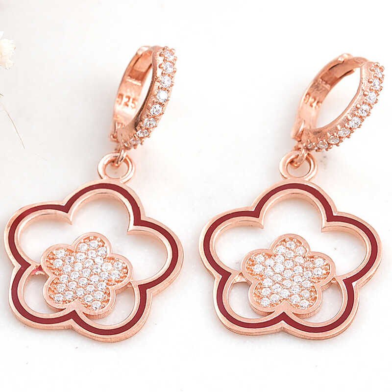 925 Ayar Gümüş Rose Sallantılı Çiçek Desenli Kadın Küpe