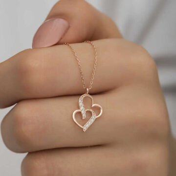 925 Ayar Gümüş Rose Birleşmiş Kalpler Kadın Gümüş Kolye