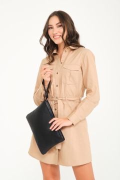 Kadın Astarlı Siyah Deri Clutch Çanta El Çantası Portföy