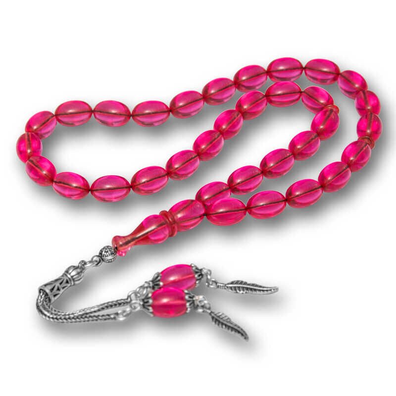 Gümüş Püsküllü Pembe Ateş Kehribar Tesbih