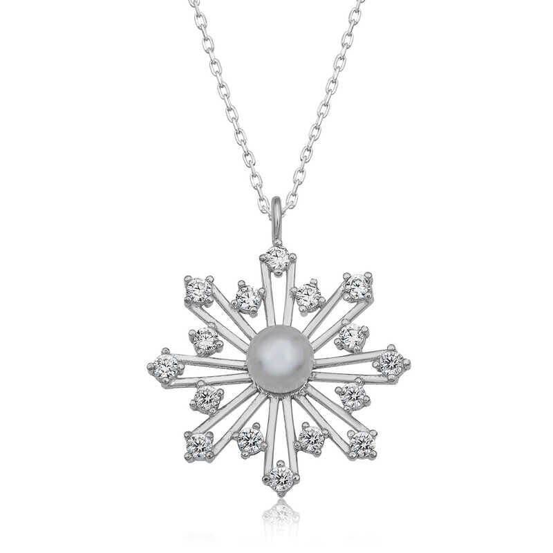 925 Ayar Gümüş İncili Kar Tanesi Kadın Gümüş Kolye