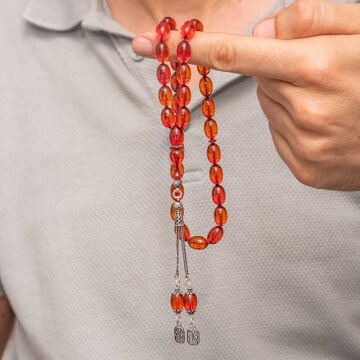 Gümüş Püsküllü Ateş Kehribar Tesbih