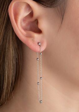 Gümüş Çift Zincirli Top Detaylı Kadın Küpe