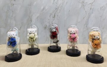 Işıklı Müzikli Fanus içinde Sevimli Ayıcıklı Gül Buketi