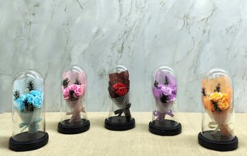 Işıklı Müzikli Fanus içinde Gül Buketi