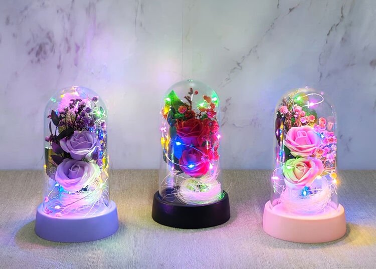 Işıklı Müzikli Romantik Fanus Tekli Gül