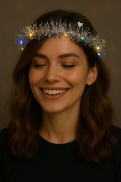 Kalp Püsküllü Gece Parıltısı 3 Modlu LED Işıklı Taç Gümüş Renk