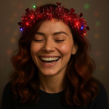 Kalp Püsküllü Gece Parıltısı 3 Modlu LED Işıklı Taç Kırmızı Renk