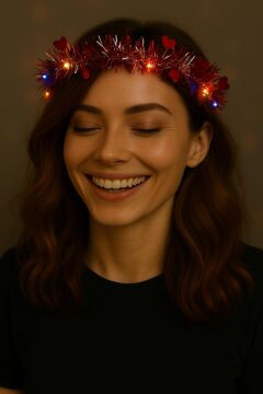 Kalp Püsküllü Gece Parıltısı 3 Modlu LED Işıklı Taç Kırmızı Renk