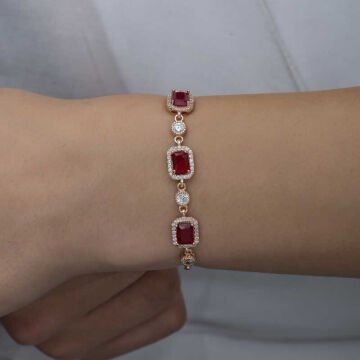925 Ayar Gümüş Rose Baget Kırmızı Taşlı Kadın Bileklik