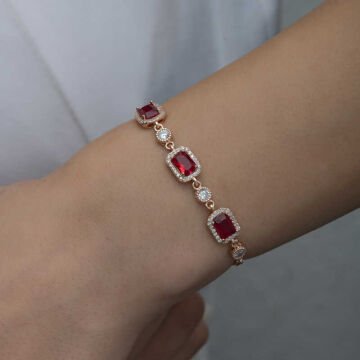 925 Ayar Gümüş Rose Baget Kırmızı Taşlı Kadın Bileklik