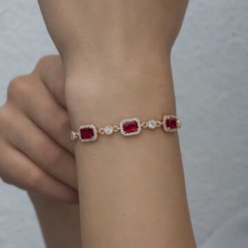 925 Ayar Gümüş Rose Baget Kırmızı Taşlı Kadın Bileklik