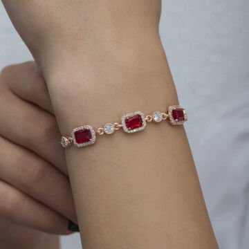 925 Ayar Gümüş Rose Baget Kırmızı Taşlı Kadın Bileklik