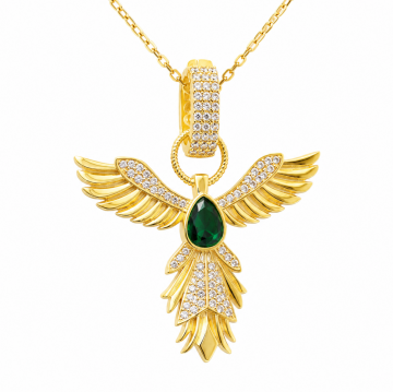 Gümüş Gold Zümrüt Taşlı Anka Kuşu Kadın Kolye