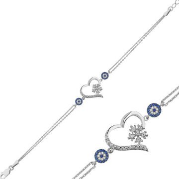 925 Ayar Gümüş Kalp Kar Tanesi Kadın Bileklik