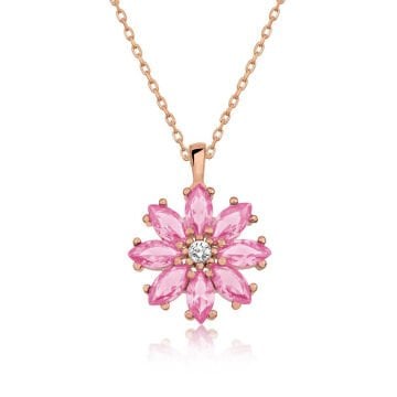 925 Ayar Gümüş Rose Pembe Çiçek Kadın Gümüş Kolye