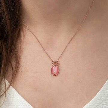 925 Ayar Gümüş Pembe Kedi Gözü Taşlı Kalp Kolye