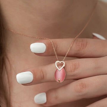 925 Ayar Gümüş Pembe Kedi Gözü Taşlı Kalp Kolye