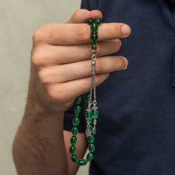 Gümüş Püsküllü Yeşil Ateş Kehribar Tesbih