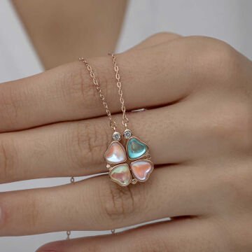 925 Ayar Gümüş Rose Renkli Açılabilen Yonca Kadın Gümüş Kolye