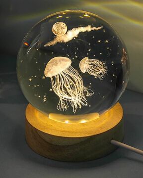 Dekoratif Deniz Anası Tasarımlı Ahşap altlıklı Işıklı Cam Küre Büyük Boy