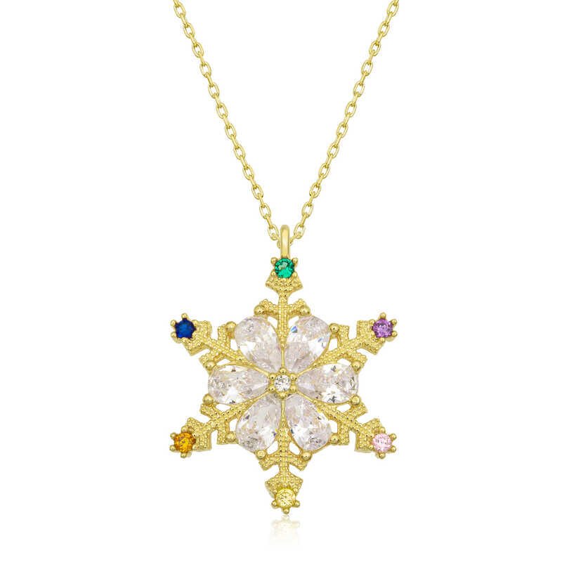 925 Ayar Gümüş Gold Renkli Taşlı Kar Tanesi Kadın Gümüş Kolye