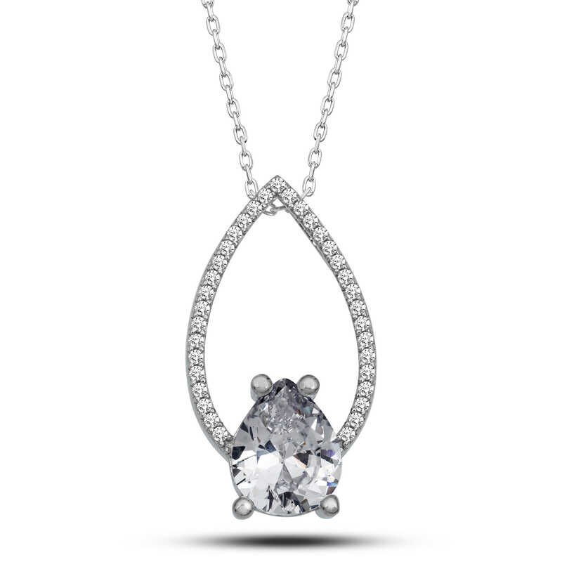 925 Ayar Gümüş Beyaz Taşlı Damla Kadın Gümüş Kolye