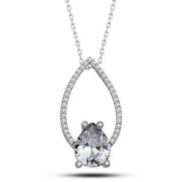 925 Ayar Gümüş Beyaz Taşlı Damla Kadın Gümüş Kolye