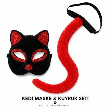 Kırmızı Kedi Maske ve Kuyruk Seti Parti Kostüm Aksesuarı