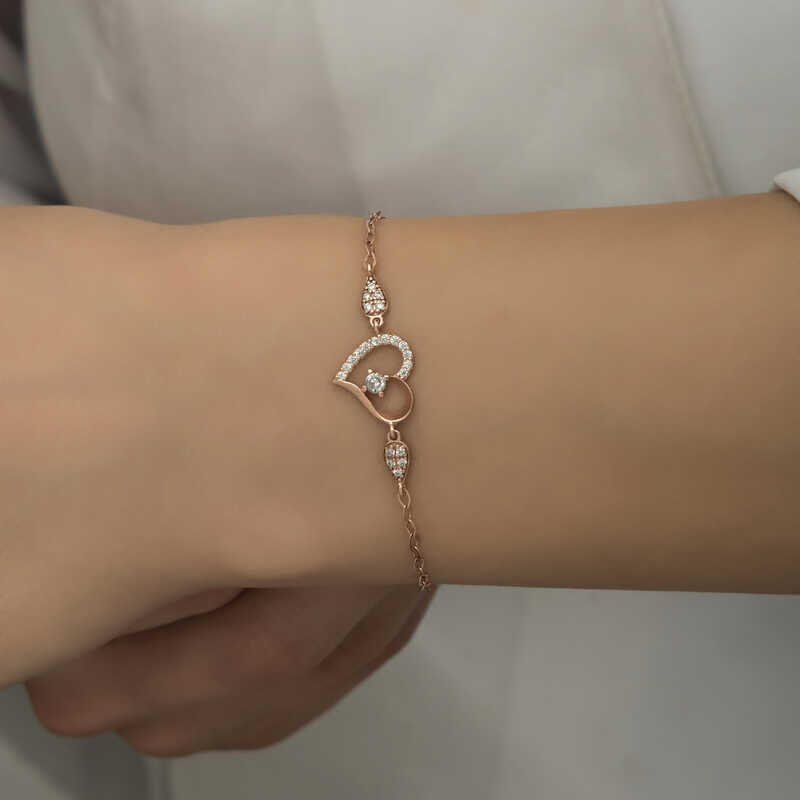925 Ayar Gümüş Rose Kalpli Tektaş Kadın Bileklik