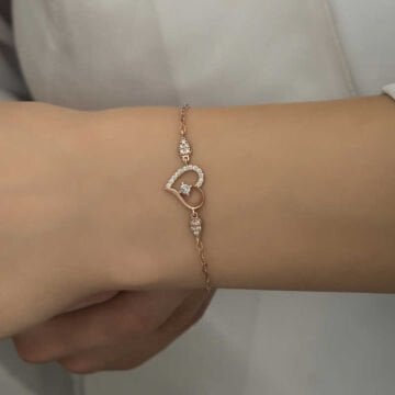 925 Ayar Gümüş Rose Kalpli Tektaş Kadın Bileklik