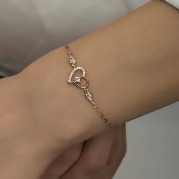 925 Ayar Gümüş Rose Kalpli Tektaş Kadın Bileklik