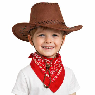 Çocuk Kovboy Şapka Kahverengi Kırmızı Bandana Fular Seti