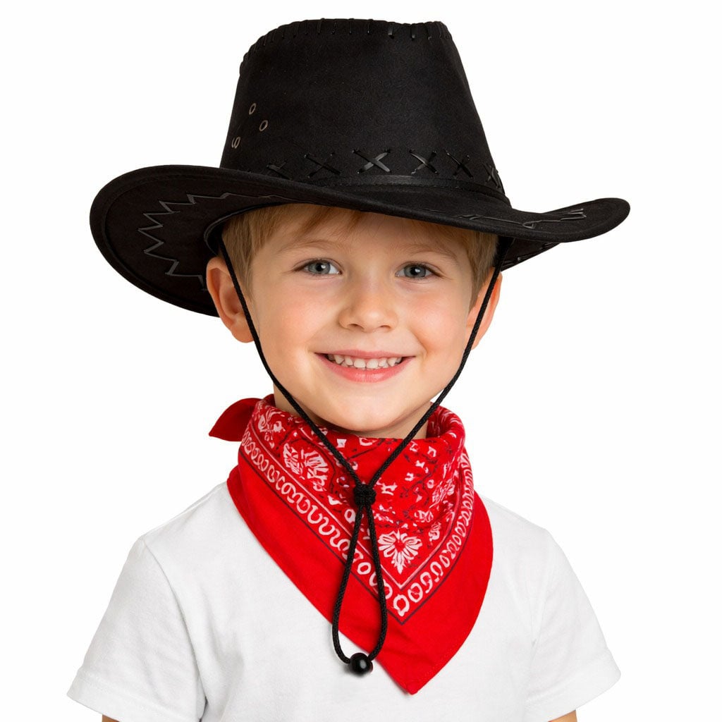 Çocuk Kovboy Şapka Siyah Kırmızı Bandana Fular Seti