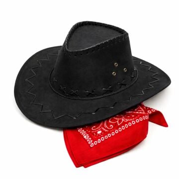 Çocuk Kovboy Şapka Siyah Kırmızı Bandana Fular Seti