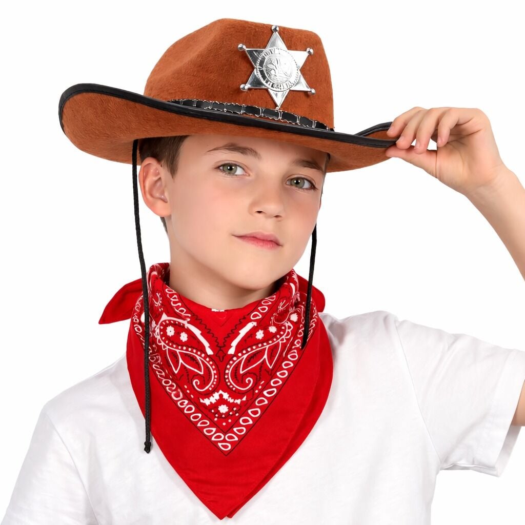 Çocuk Kovboy Şapka Rozetli Kahverengi Kırmızı Bandana Fular Seti