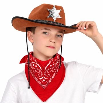 Çocuk Kovboy Şapka Rozetli Kahverengi Kırmızı Bandana Fular Seti