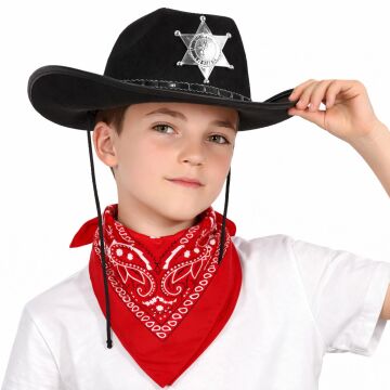 Çocuk Kovboy Şapka Rozetli Siyah Kırmızı Bandana Fular Seti