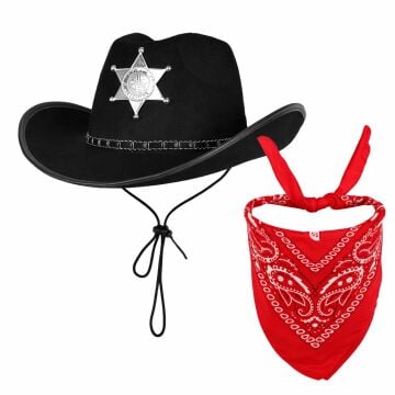 Çocuk Kovboy Şapka Rozetli Siyah Kırmızı Bandana Fular Seti