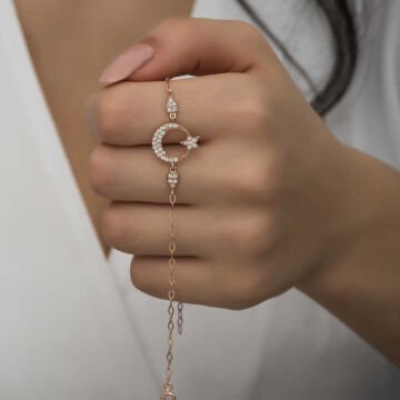 925 Ayar Gümüş Rose Ay Yıldız Kadın Bileklik