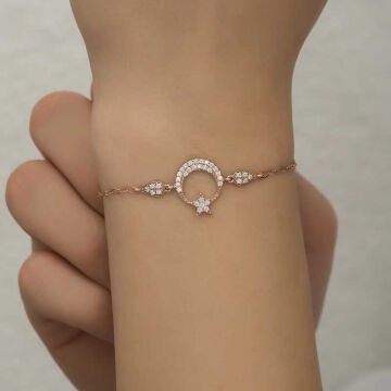 925 Ayar Gümüş Rose Ay Yıldız Kadın Bileklik
