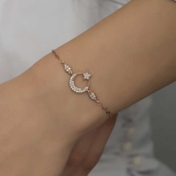 925 Ayar Gümüş Rose Ay Yıldız Kadın Bileklik