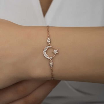 925 Ayar Gümüş Rose Ay Yıldız Kadın Bileklik