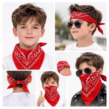 Kırmızı Kovboy Fuları Çocuk Bandana Desenli Boyun Fuları