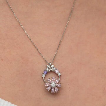 Gümüş Pembe Dönen Çiçek Kadın Kolye