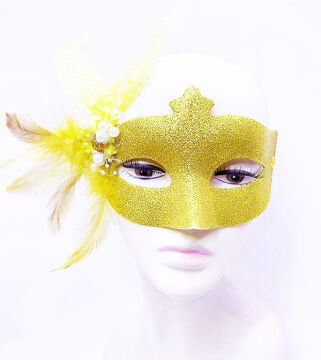 Sim İşlemeli İnci Boncuk Detaylı Tüylü Balo Maskesi Altın Renk 13x18 cm